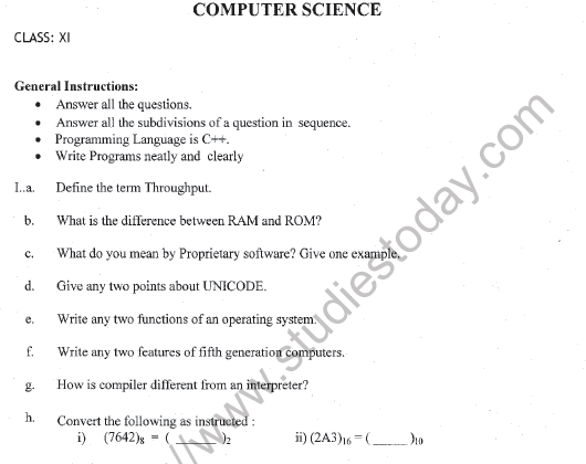 CBSE Class 11 Computer Science Question Paper Set T Solved